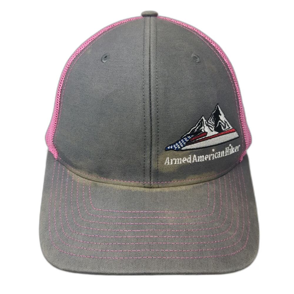 Richardson Trucker Hat Gray Pink One Size Mesh Snapback Mountain Flag Logo